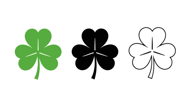 Three shamrock clover icons in green, black, and outline styles, representing luck and St