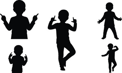 Child silhouette gestures, expressive body language, playful pose set, black illustration, dynamic stance icon, youth movement, non-verbal communication, dance gesture, emotional posture