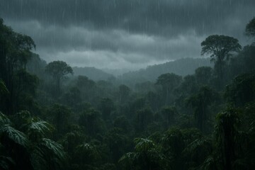 aerial view of a dense tropical rainforest during a heavy, dark rain shower. The lush green canopy is shrouded in mist and dramatic storm clouds