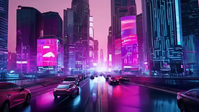 Neon pink avenue with sportscars racing through wet boulevard, headlights slice through haze and giant billboards flash, luxury vehicles drift past skyscrapers in highenergy urban showdown