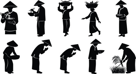 Conical hat silhouette, traditional rural activity, cultural lifestyle icon, black illustration set, agrarian gesture, Southeast Asian heritage, daily life poses, folk labor scene