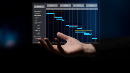 A creative representation of a Gantt chart displayed on a hand, emphasizing the essential phases of project management, including planning and execution. Tessel © InfiniteFlow