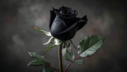 A dramatic black rose stands out against a smoky dark background, its thorns adding a touch of danger to its beauty