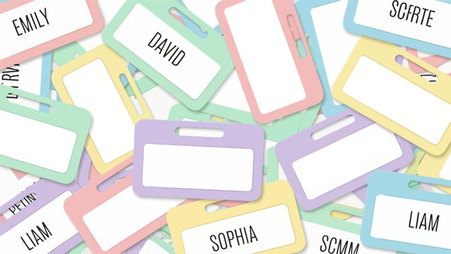 Collection of Blank Name Tags with Some Names Visible.