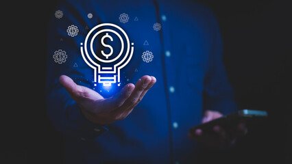 Glowing money idea icon with a light bulb on hand, symbolizing financial creativity, business innovation, smart investment, economic growth, digital finance, and profitable strategy.