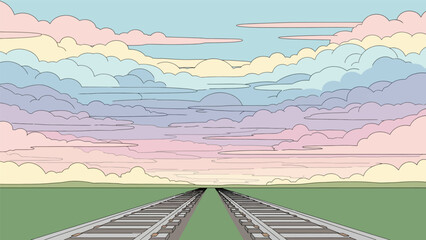 Train tracks stretching towards the horizon under a colorful sky.