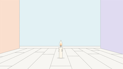 A single lit candle stands alone in an empty room.