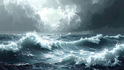 A dramatic seascape with turbulent waves crashing under a stormy sky filled with dark, ominous clouds and bright sunlight