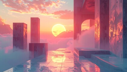 A dreamscape with monolithic structures amidst swirling clouds and a luminous sun in a vibrant, pastel sky