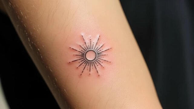 Detailed closeup of healing sunburst tattoo on skin over time
