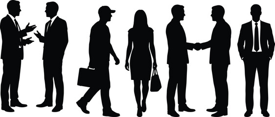 Business People Silhouette Vector Set Corporate Professional Team Meeting Discussion Agreement Handshake Partnership Success Strategy Leadership Concept.