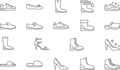 Footwear and shoe outline vector icons set,featuring sneakers, boots, heels, and casual slippers essential for fashion, shopping, and retail websites maintaining high SEO.