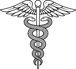 Caduceus Symbol Medical Healthcare Pharmacy Outline Black White Vector Icon Two Snakes Winged Staff Mythology God Hermes Emblem.