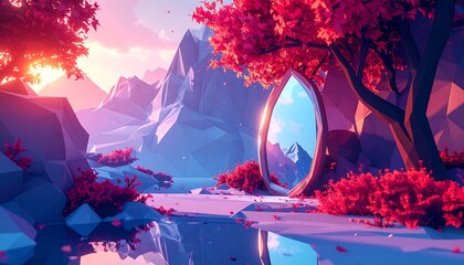 A dreamy, stylized landscape features pink trees, blue water, and low-poly mountains with a portal mirror