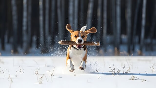 Happy beagle dog running through the snow in a winter forest while joyfully carrying a wooden stick in its mouth - Powered by Adobe