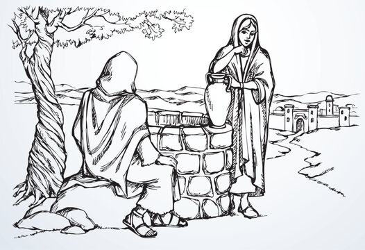 Vector drawing. Jesus and woman