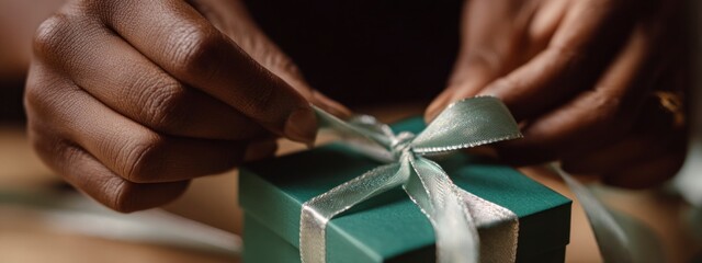 Hands tying a silver ribbon on a green gift box on a marble surface. Concept holiday mood, care, detail, gentle preparation. banner 