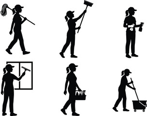 Cleaning Service Silhouette Set Professional Female Janitor Worker Mopping Floor Dusting Surface Window Washing Spray Bottle Supplies Broom.