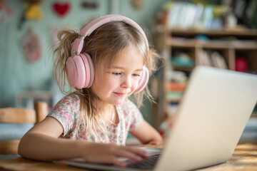 Portrait of a smiling little girl wearing headphones and using a laptop while sitting at a table in a children's room.
