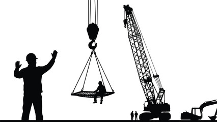 Construction Site Safety Silhouette Workers Operating Heavy Machinery Crane Lifting Man Basket Rigging Signalman Directing Industrial Project Sky Background.
