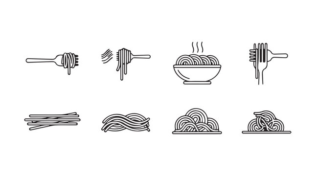 Collection of spaghetti icons showing various stages of preparation and serving vector