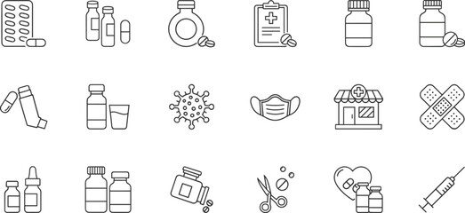 Medicine, pharmacy, and healthcare outline vector icons set featuring drugs, bottles, masks, and tools essential for medical, pharmaceutical, and health-related projects.