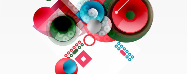 Abstract composition featuring colorful circles, squares, lines. Modern design elements create dynamic visual experience.