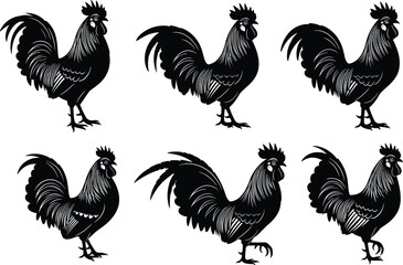 Set of Six Stylized Black Silhouette Vector Roosters and Cocks in Different Poses, Ideal for Farm, Food, and Mascot Design Elements.