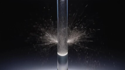A transparent tube is shown with liquid and water particles spraying outward. Dark backdrop