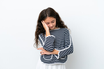 Little caucasian girl isolated on white background with headache