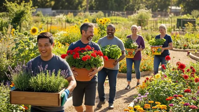 Teamwork in bloom: diverse group joyfully planting bright flower garden with friends