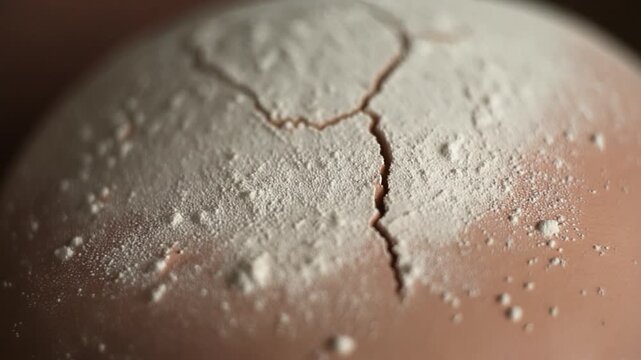 Close-up of a cracked eggshell dusted with white powder. A dark background adds depth