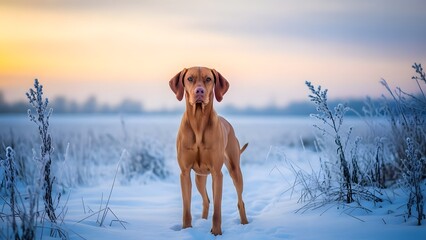 Majestic vizsla dog standing alertly in a snowy winter field during a soft, golden sunrise or sunset with frostcovered plants surrounding it