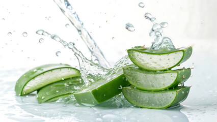 Fresh aloe vera slices splashing with water on a white background