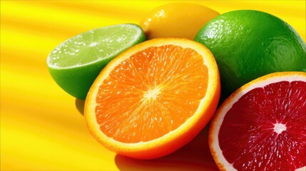 Citrus Fruits Sliced on Yellow Background