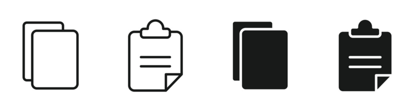 Copy and paste icon set in outline and silhouette style representing duplicate files data copying user interface actions and digital tools vector illustration