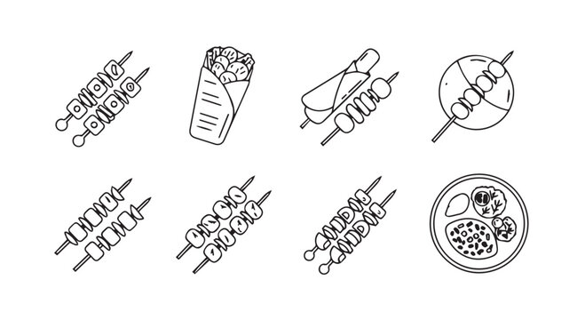 Hand-drawn kebab and shawarma food icons collection for culinary designs and menus vector