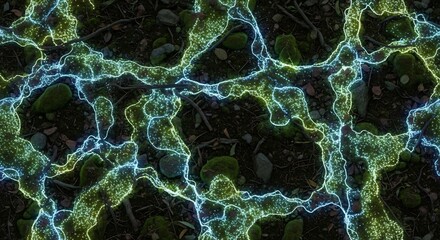 Abstract Green and Blue Veins on Dark Background - A Mesmerizing Pattern.