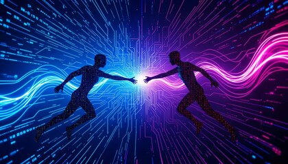 Two humanoid figures made of blue and purple energy reach out to touch each other, creating a spark of light in a cosmic background.