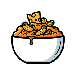 Simple Cartoon Illustration of a Bowl Filled with Pasta and Cheese on a White