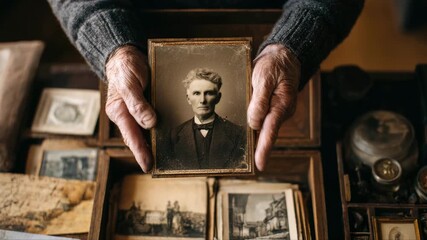 Elderly man with weathered hands holds vintage photograph, showcasing nostalgia and history, as camera zooms in on the cherished image and surrounding memorabilia