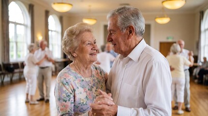 A couple of seniors dressed in comfortable dance costumes, laughing and twirling while taking ballroom dancing lessons in a community center	
