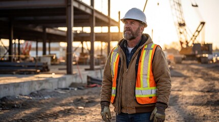 A civil engineer at a construction site wearing a helmet and protective gear inspects a construction site	
