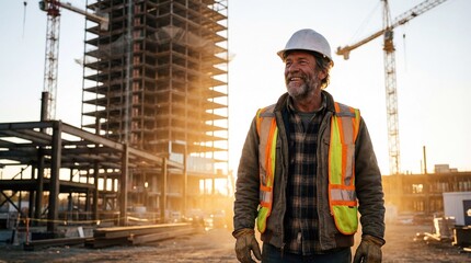 A civil engineer at a construction site wearing a helmet and protective gear inspects a construction site	
