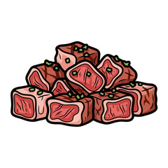 Illustration of raw beef cubes garnished with herbs and spices for culinary