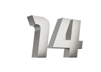 3d Silver number 14 Fourteen sleek metallic look with a slight shadow effect, 3d illustration