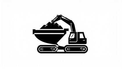 Construction Excavator Filling a Dump Truck with Soil and Debris on a White Background