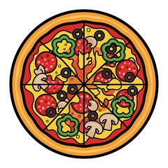Vibrant mixed topping pizza illustration with colorful ingredients and crispy