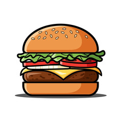 Illustration of a juicy cheeseburger with fresh lettuce tomato pickles and