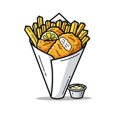 Illustration of a crispy fried chicken snack with dipping sauce and French